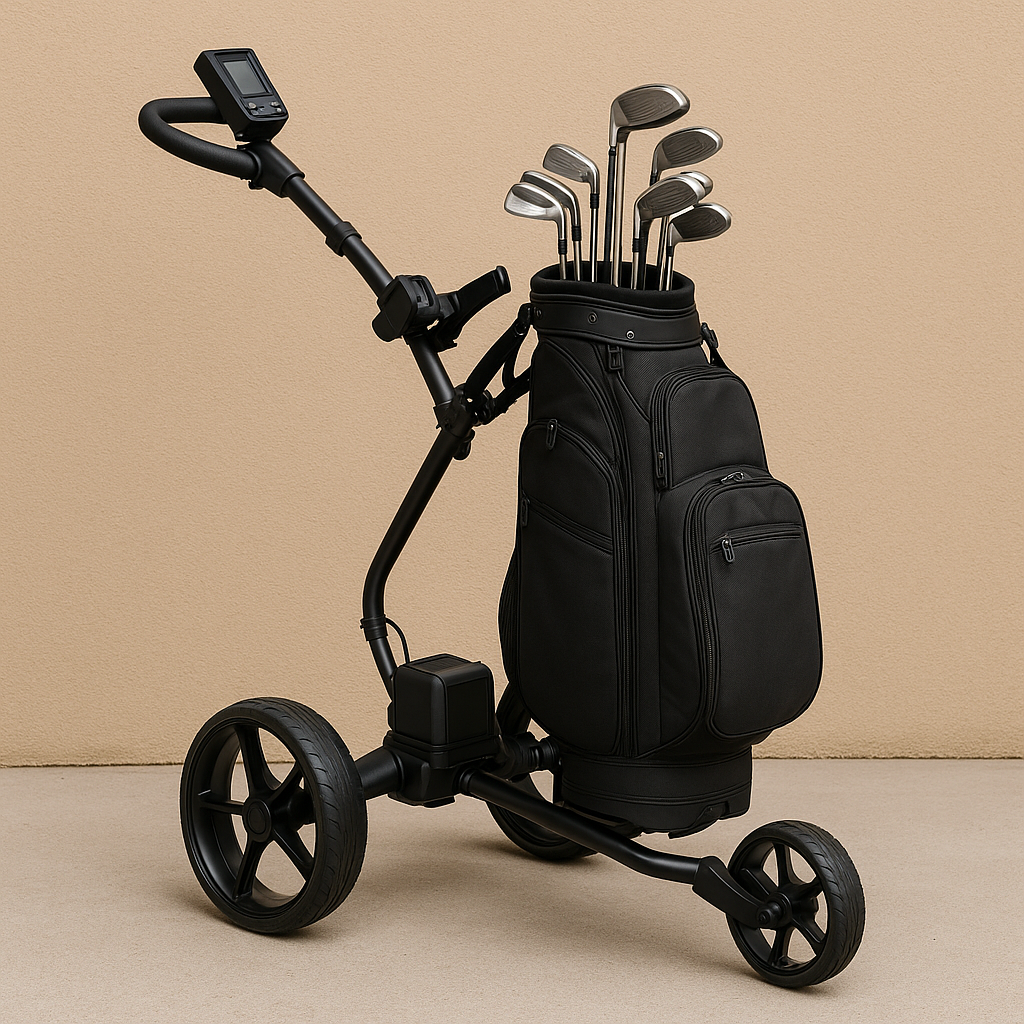 Black golf push cart with clubs