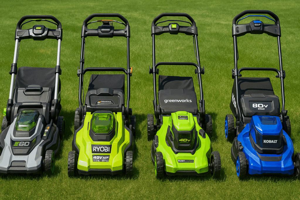 Four electric lawn mowers on grass