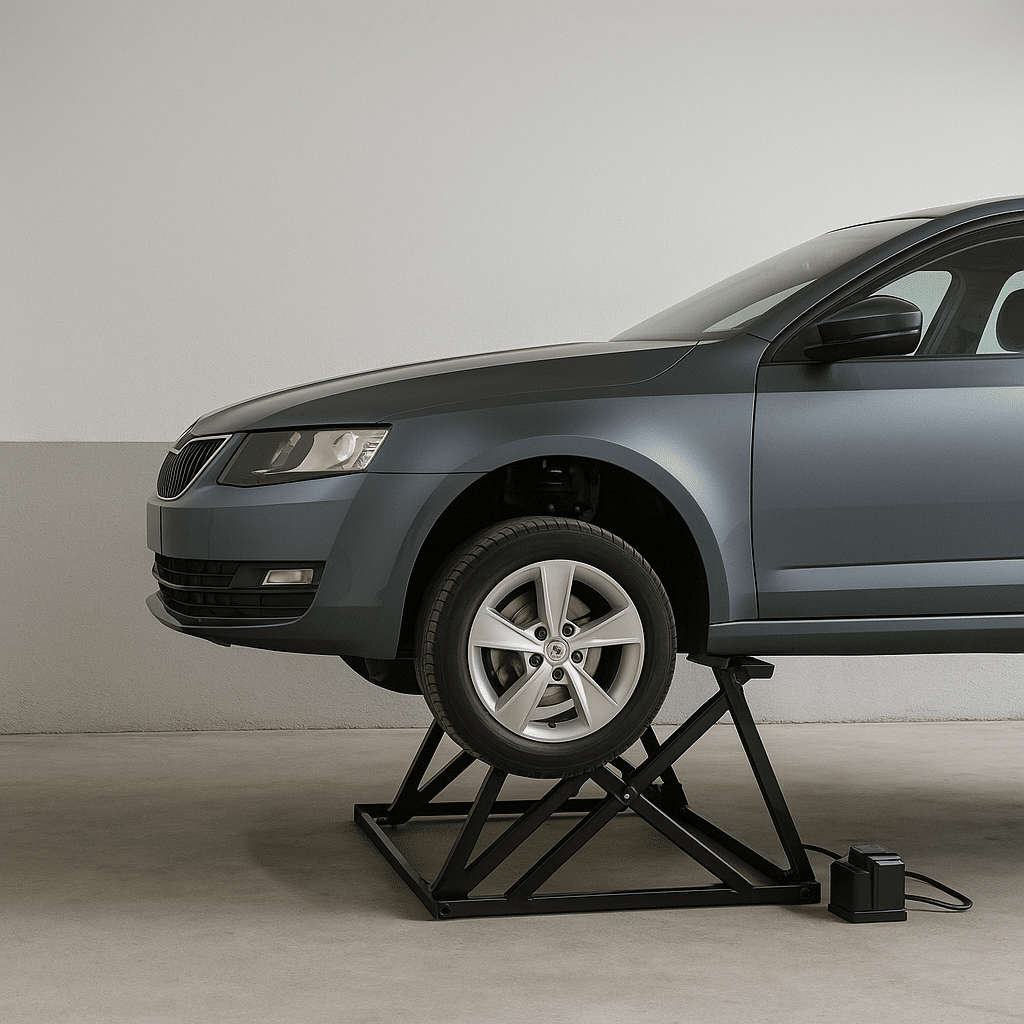 A modern gray sedan raised on a portable black scissor car lift inside a compact garage. The space is minimal and clean, with smooth concrete flooring and neutral walls, highlighting the lift’s space-saving and efficient design.