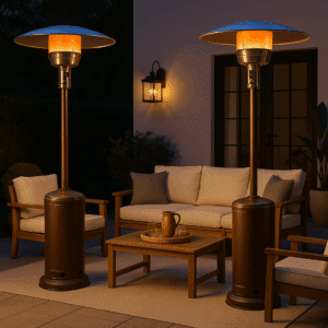 An outdoor patio at dusk featuring two tall stainless steel mushroom-style patio heaters glowing warmly beside a wooden furniture set with cream cushions, creating a cozy and inviting atmosphere.