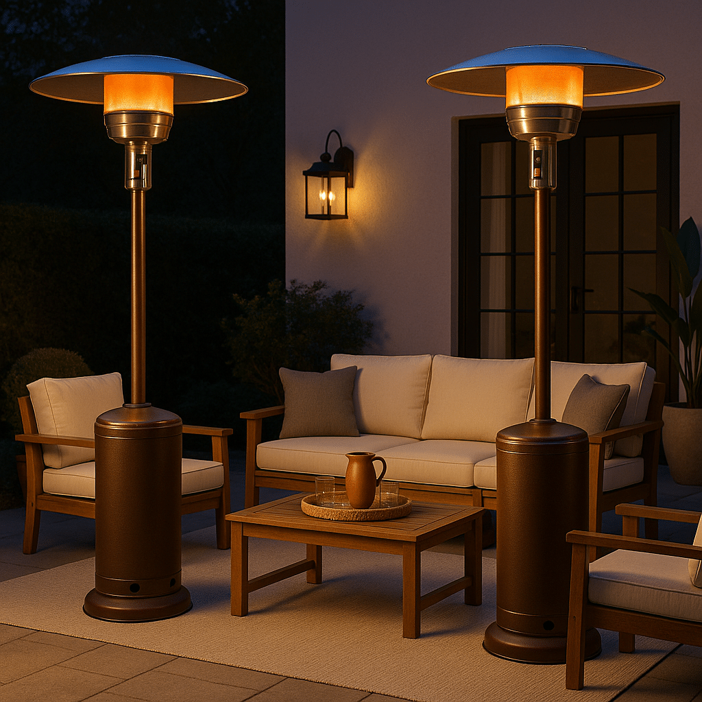An outdoor patio at dusk featuring two tall stainless steel mushroom-style patio heaters glowing warmly beside a wooden furniture set with cream cushions, creating a cozy and inviting atmosphere.