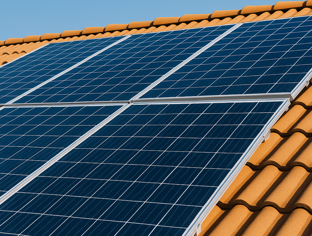 Solar panels installed on a house roof under bright blue skies, highlighting renewable energy and eco-friendly power solutions.