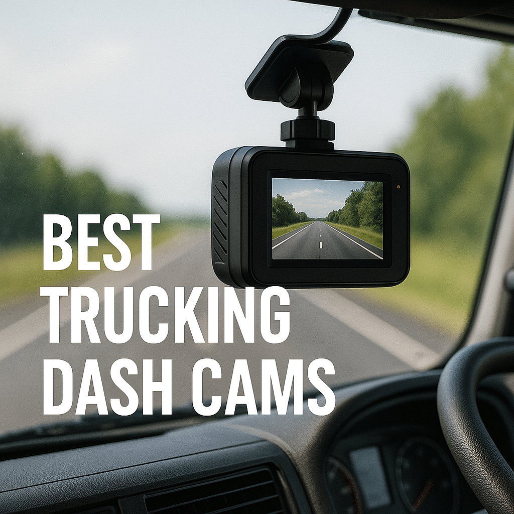A truck dash cam mounted on the windshield displays a clear highway view, with the text “Best Trucking Dash Cams” beside it, capturing the perspective from inside the truck cabin.