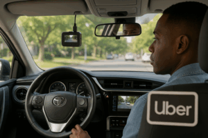 An Uber driver inside a car with a dash cam mounted on the windshield, recording the road ahead. The interior shows the driver focused on traffic, with an Uber sign on the seat and the dash cam screen displaying a street view.
