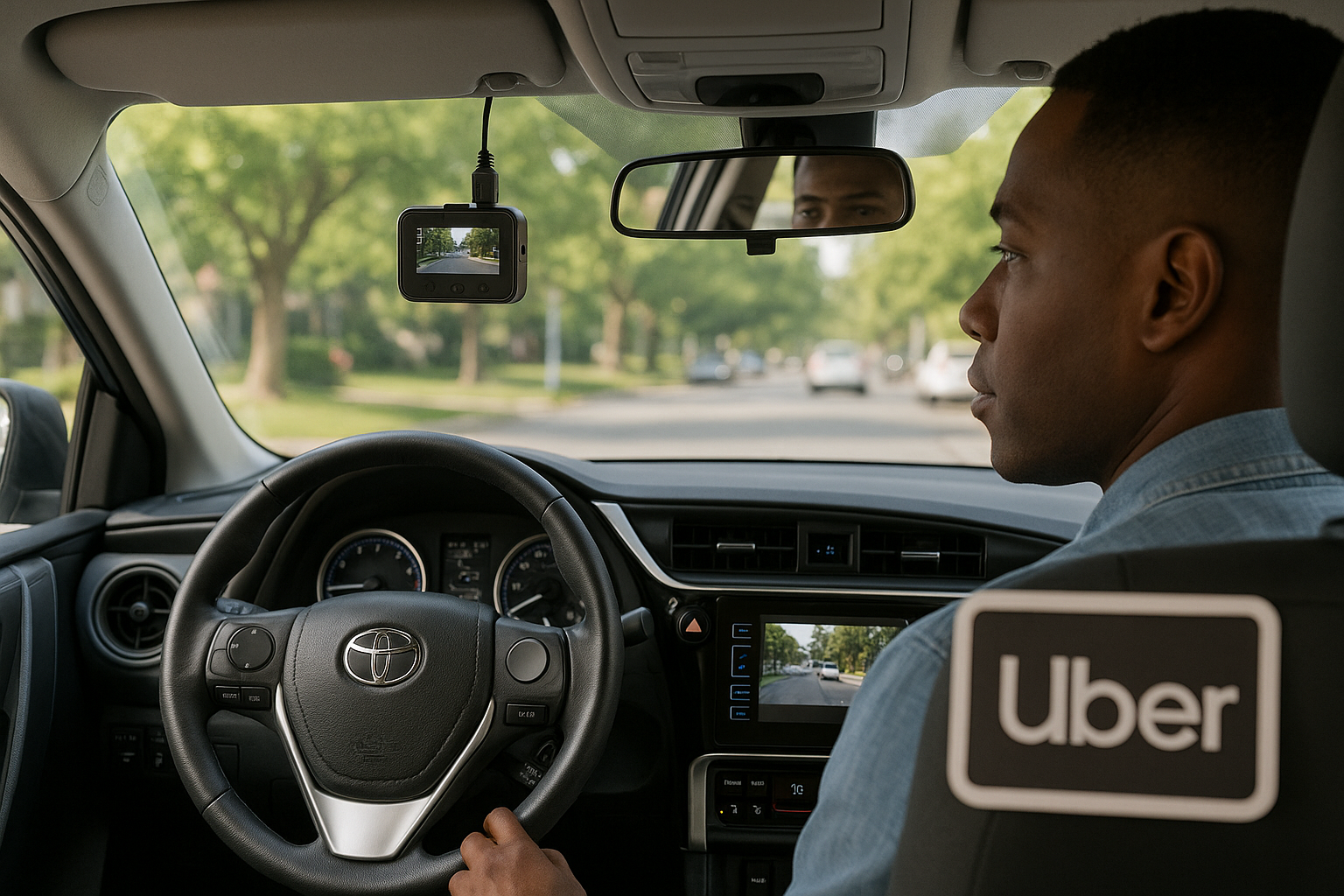 An Uber driver inside a car with a dash cam mounted on the windshield, recording the road ahead. The interior shows the driver focused on traffic, with an Uber sign on the seat and the dash cam screen displaying a street view.