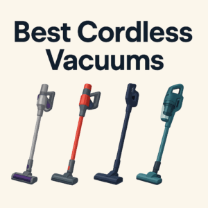 Illustration of four sleek cordless vacuum cleaners in different colors and designs displayed side by side under the title 'Best Cordless Vacuums' on a light background.