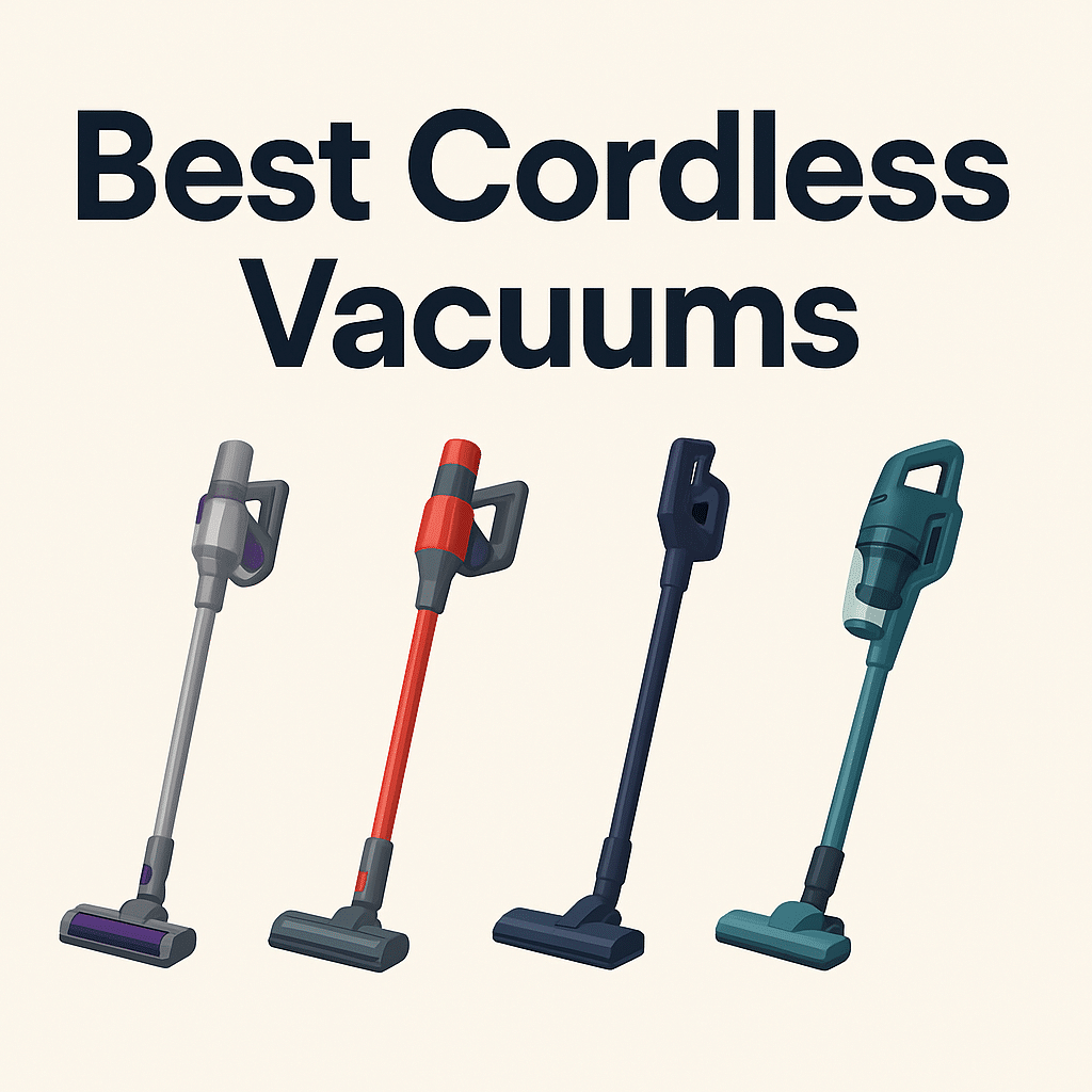 Illustration of four sleek cordless vacuum cleaners in different colors and designs displayed side by side under the title 'Best Cordless Vacuums' on a light background.